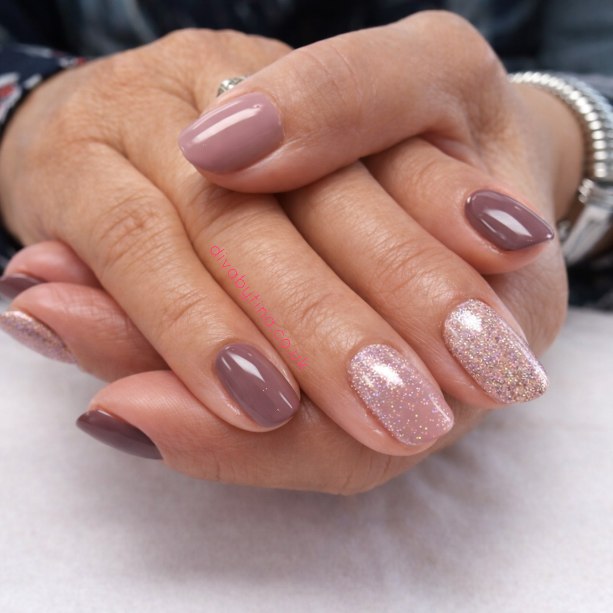 alt="Neutral gel manicure with mauve tones and glitter accent nails at a professional nail salon in Belle Vale Liverpool"